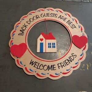 Vintage JSNY Wood Wall Plaque Back Door Guests Are Best Welcome Friends Folk Art